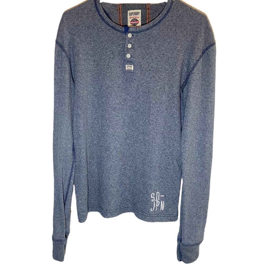Superdry Henley Shirt 100% Cotton Embroidered Logo 1/2 Button Up Heather Blue L